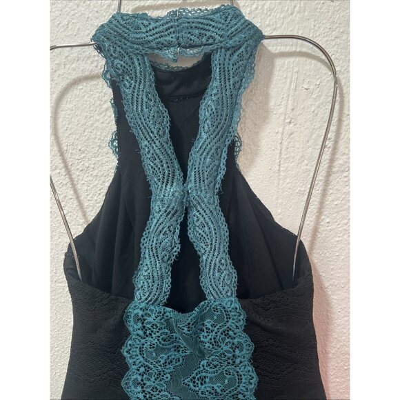 FREE PEOPLE ~X Small ~ Teal & Black Lace NATASHA Bodycon High Neck Dress - Picture 8 of 16